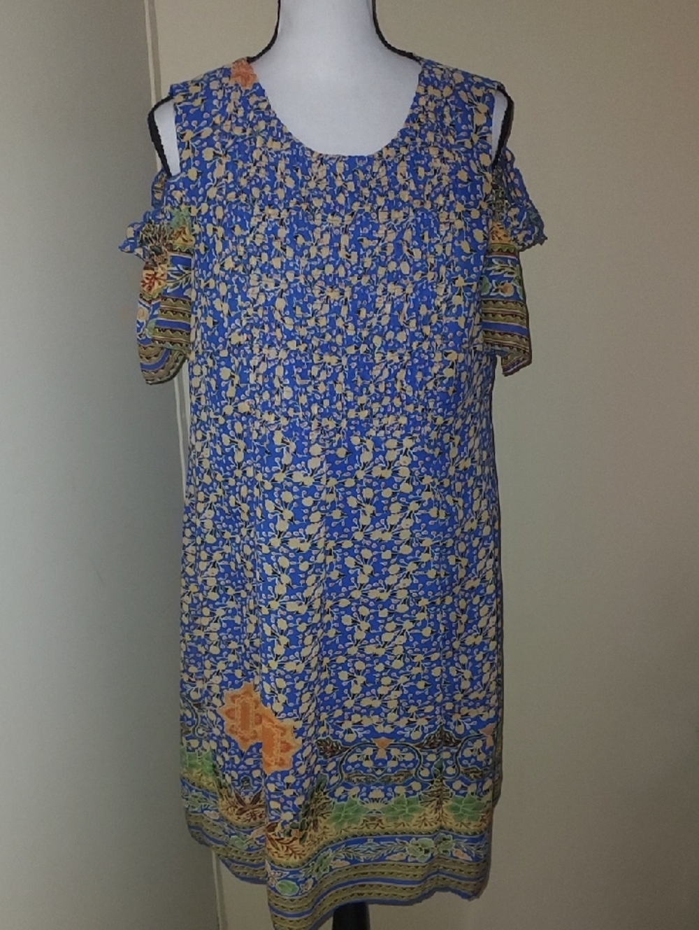 Rabbit Rabbit Rabbit Blue Floral Cold-Shoulder Mini Dress with Yellow Accents